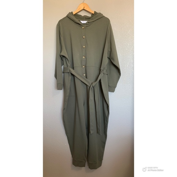 Encore by Idina Menzel Petite French Terry Hooded Jumpsuit Olive Green Size 2XP - Picture 1 of 12